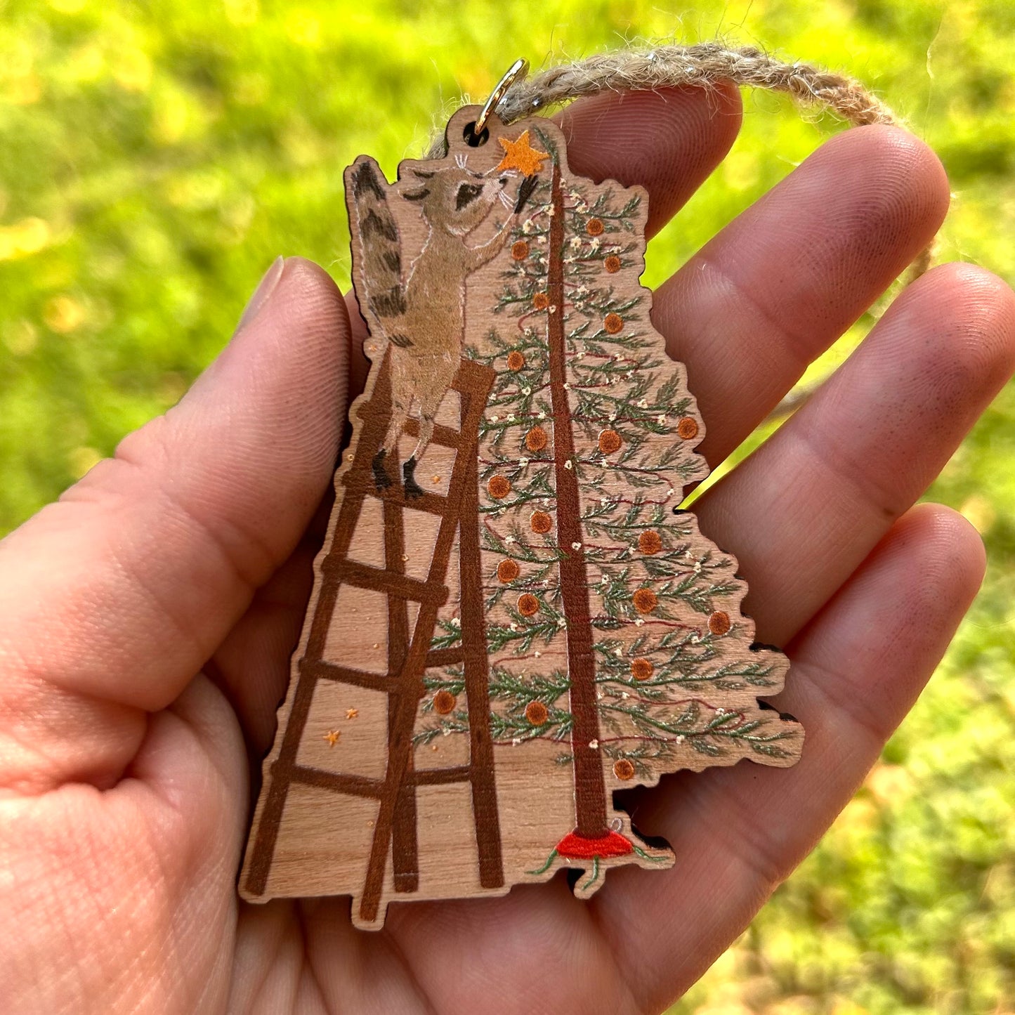 Wooden Festive Raccoon Ornament